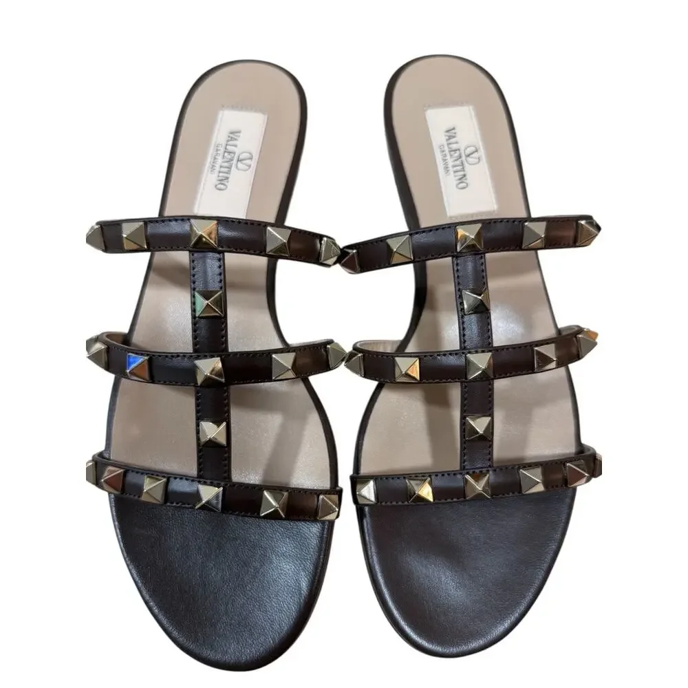 Valentino Garavani Rockstud Caged Leather Slide Sandal Bark Brown 36